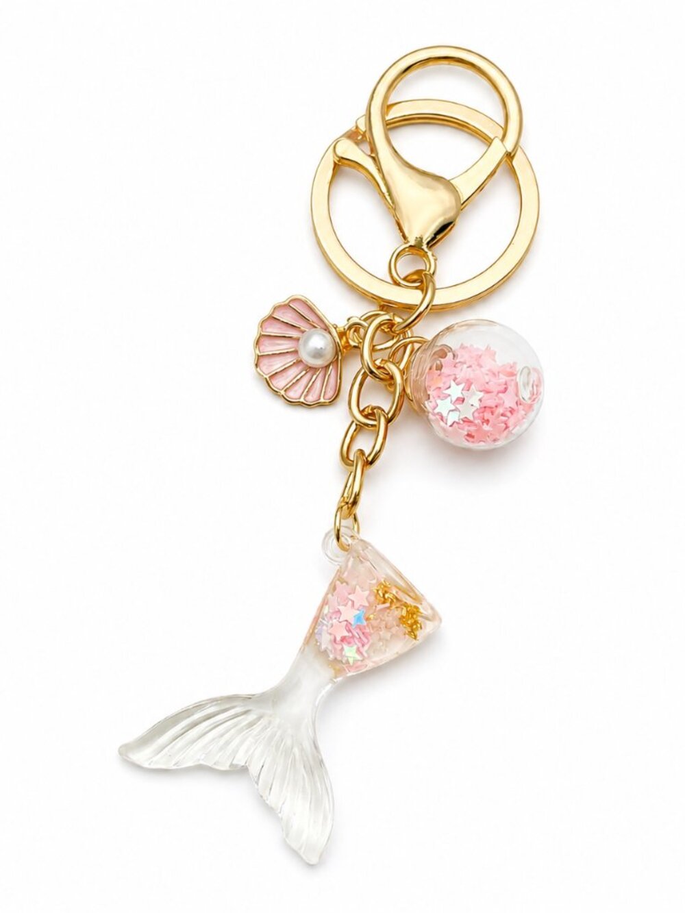 Mermaid Tail Pink Enamel Keychain Bag Charm Faux Pearl Gold Plated Coastal NEW